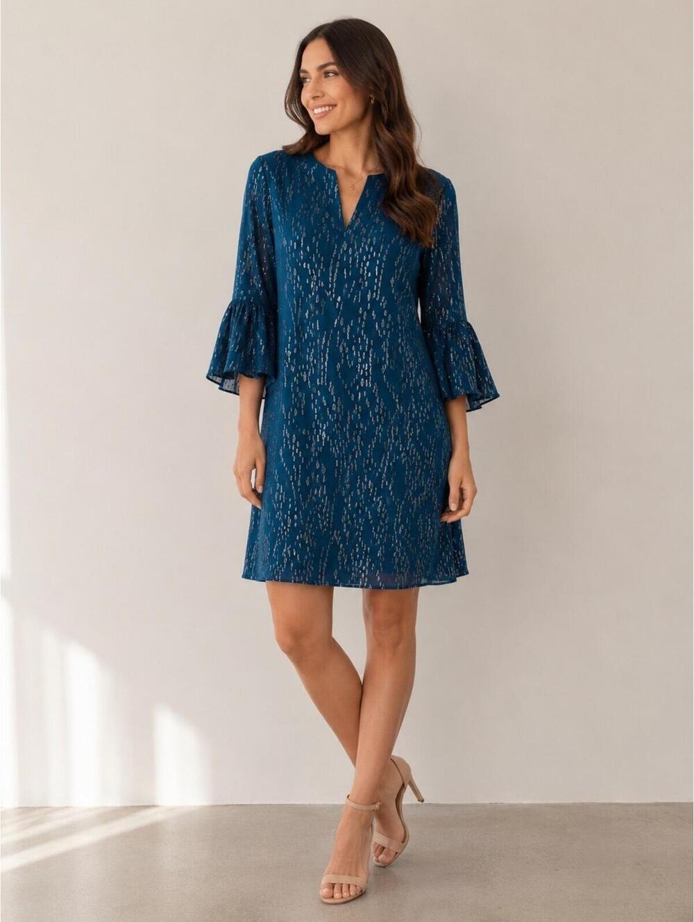 Lilly Pulitzer‎ Metallic Clip Dot Silk Dress Green  Size M Bell Sleeves